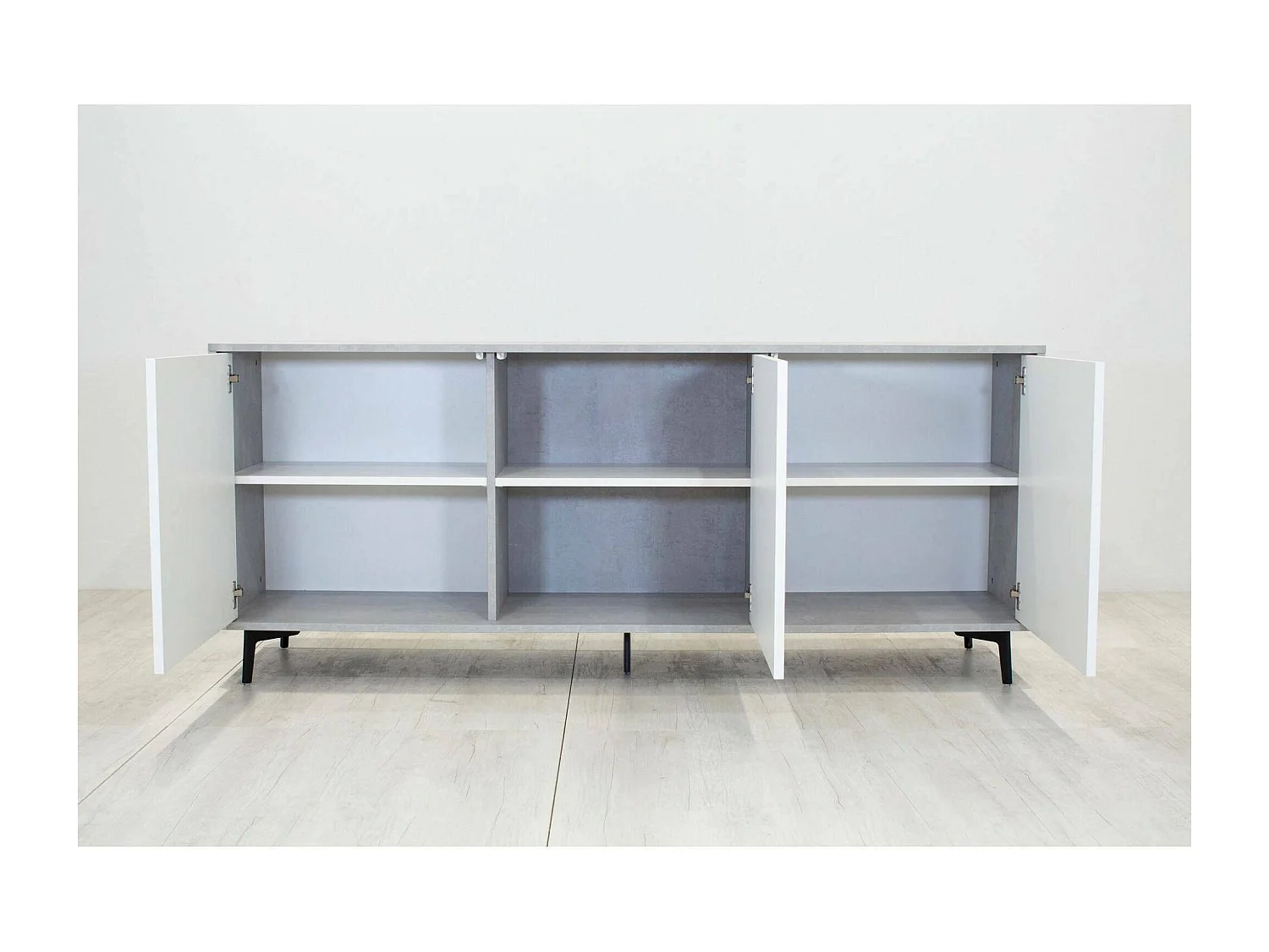 Buffet Fresia, Buffet avec 3 portes et 1 étagère réglable, Buffet de salon élégant, Meuble TV, 100% Made in Italy, 184x45h77 cm, Blanc et Ciment