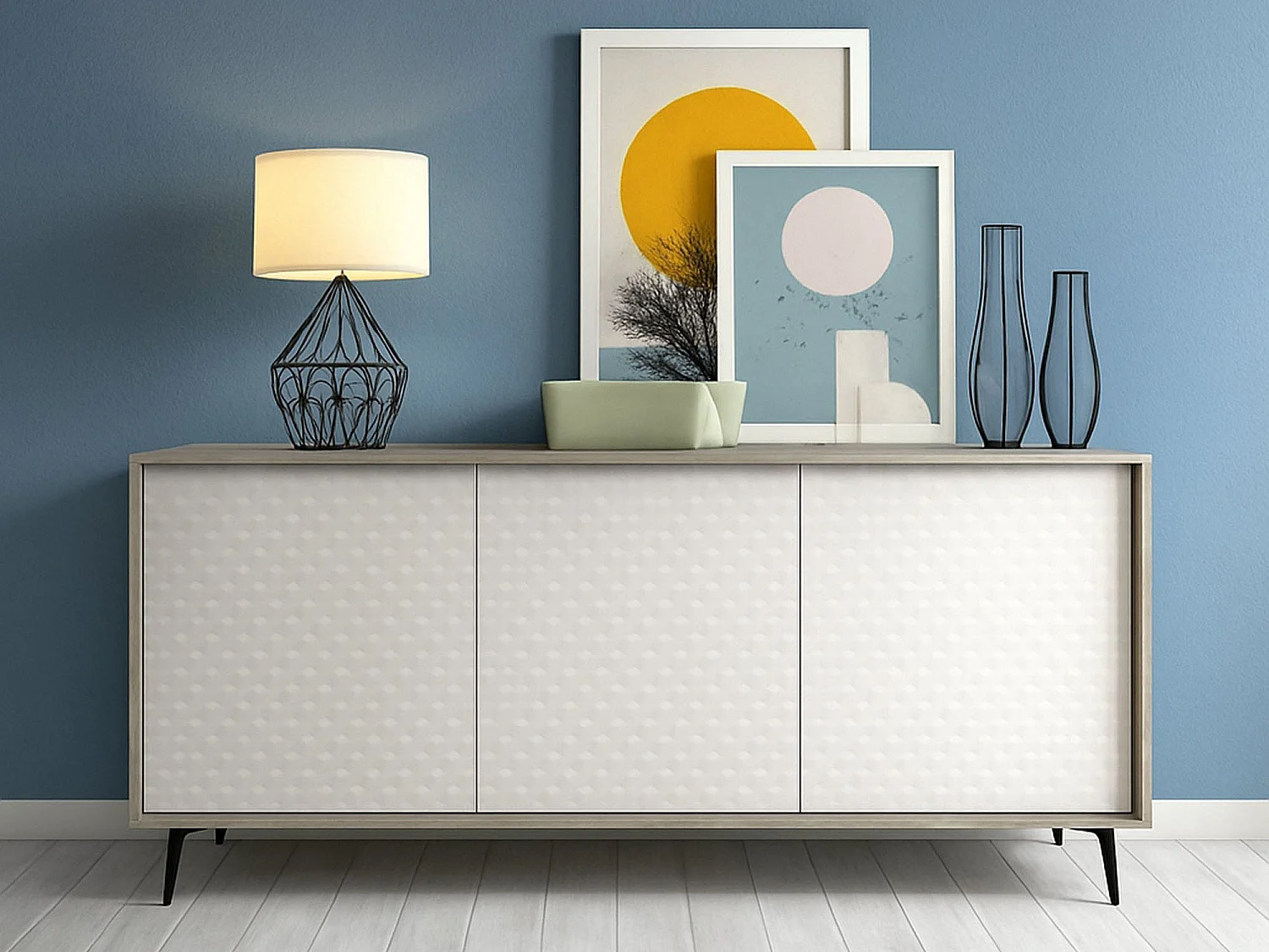 Aparador Fresia, Mueble Buffet con 3 puertas y 1 estante regulable, Elegante aparador de salón, mueble TV, 100% Made in Italy, 184x45h77 cm, Blanco y Cemento
