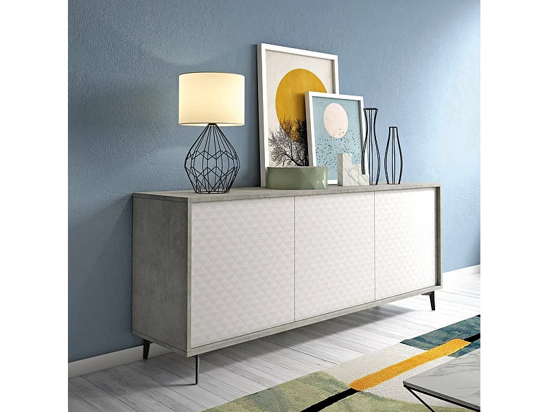 Fresia dressoir, Buffetkast met 3 deuren en 1 verstelbare plank, Elegant woonkamerdressoir, TV-kast, 100% Made in Italy, 184x45h77 cm, Wit en Cement