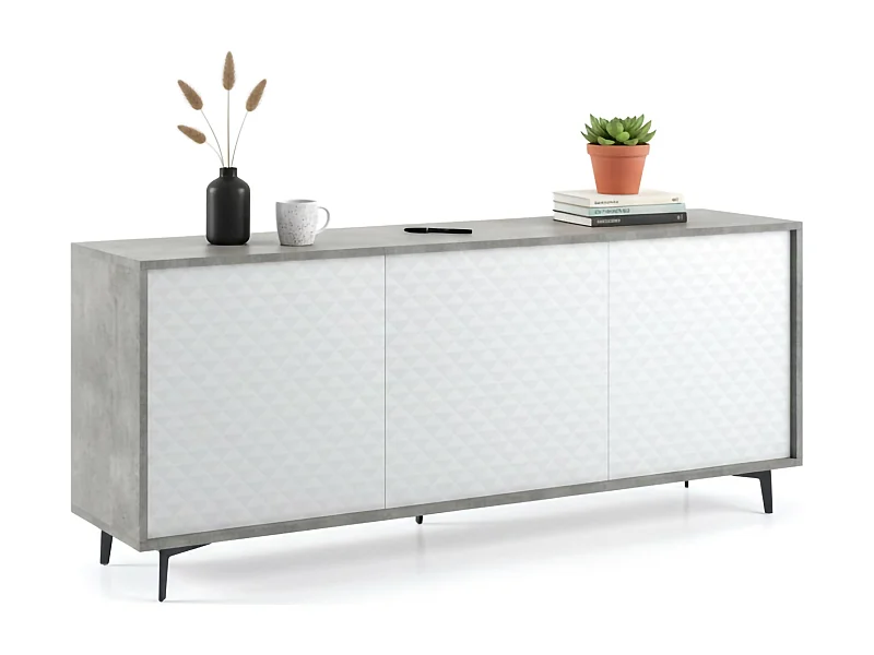 Buffet Fresia, Buffet avec 3 portes et 1 étagère réglable, Buffet de salon élégant, Meuble TV, 100% Made in Italy, 184x45h77 cm, Blanc et Ciment