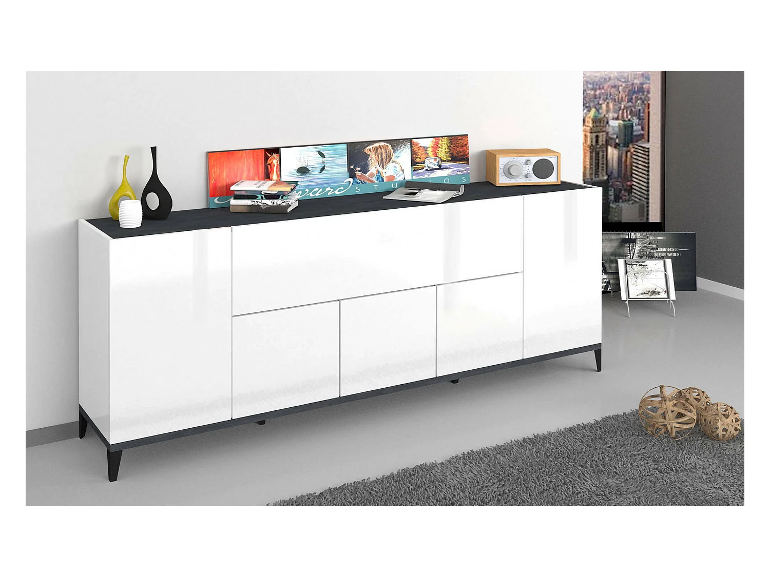Credenza Vittorio, Madia da cucina a 6 ante, Buffet da soggiorno, 100% Made in Italy, cm 200x40h82, Bianco lucido e Ardesia