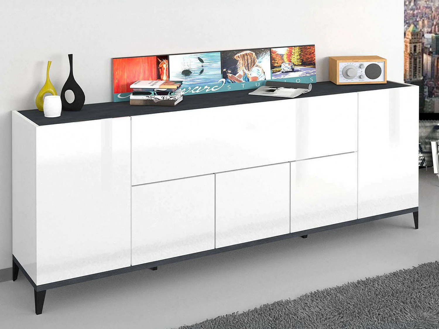 Buffet Vittorio, Buffet de cuisine 6 portes, Buffet de salon, 100% Made in Italy, 200x40h82 cm, Blanc brillant et ardoise