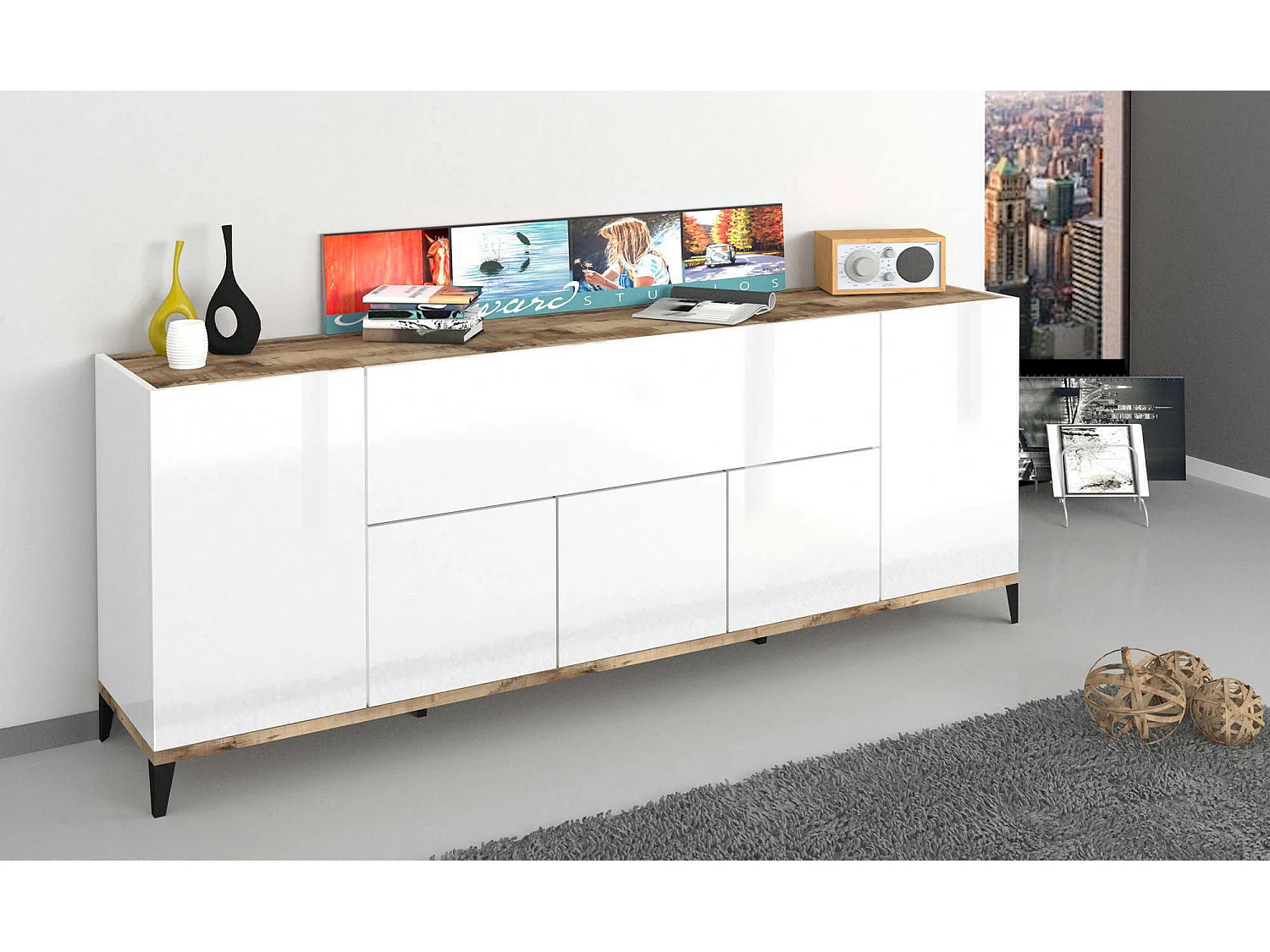 Buffet Vittorio, buffet de cuisine avec 6 portes, buffet de salon, 100% Made in Italy, 200x40h82 cm, blanc brillant et érable