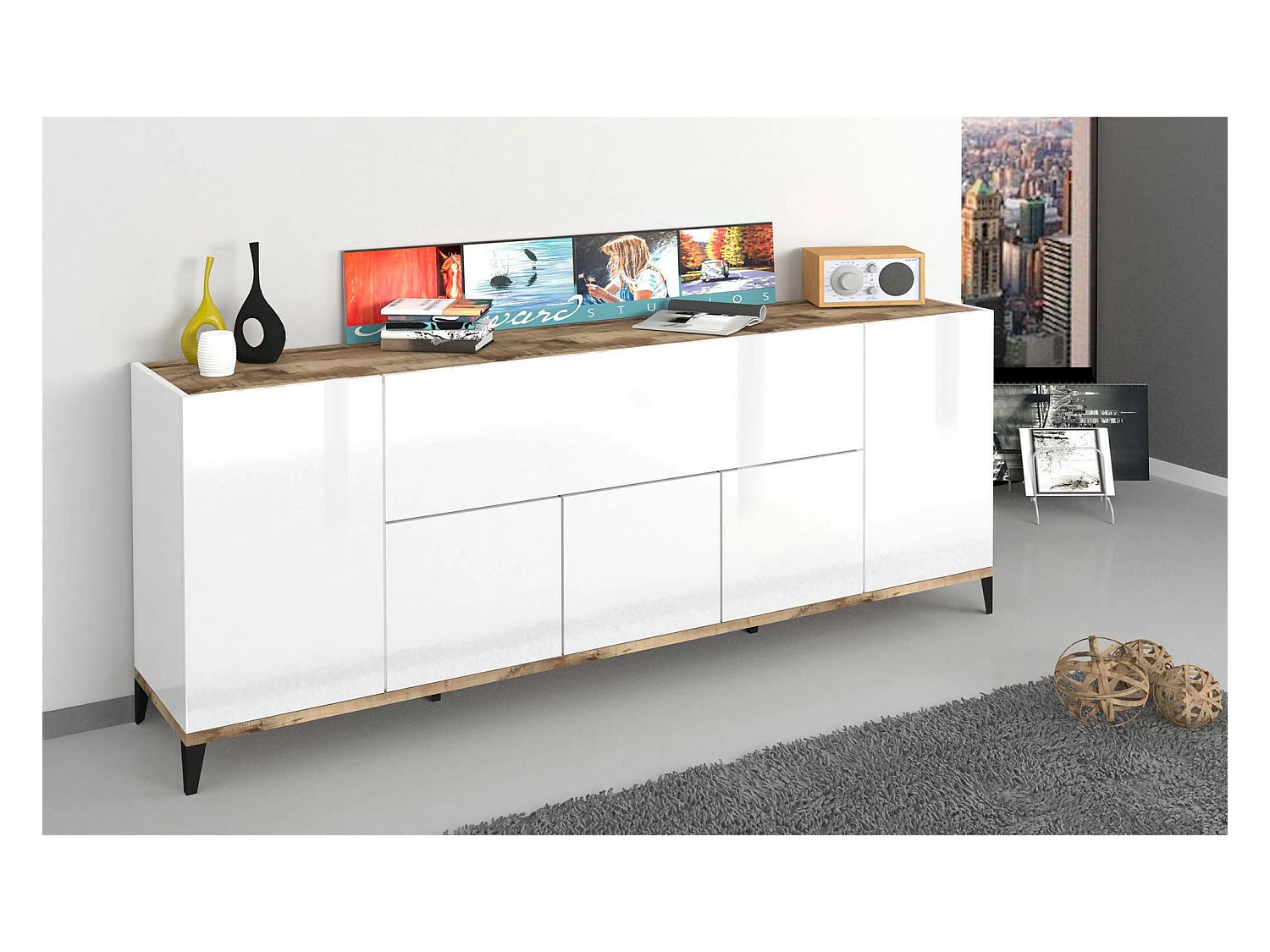 Buffet Vittorio, buffet de cuisine avec 6 portes, buffet de salon, 100% Made in Italy, 200x40h82 cm, blanc brillant et érable