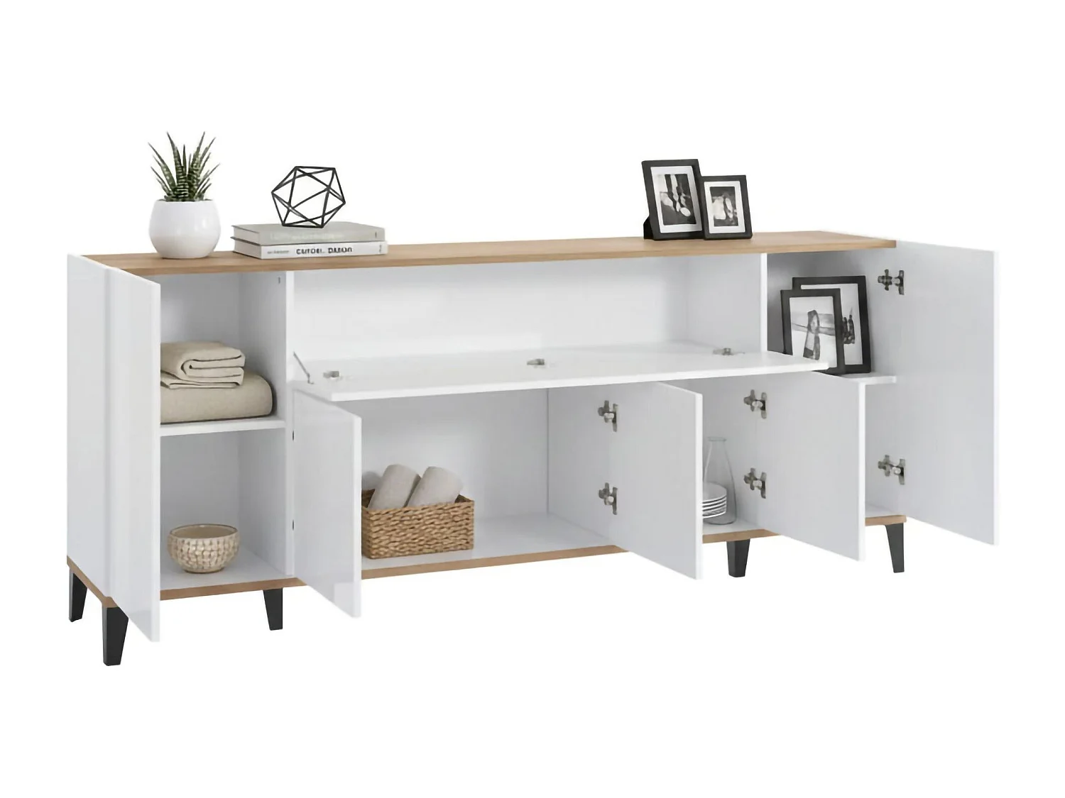 Buffet Vittorio, buffet de cuisine avec 6 portes, buffet de salon, 100% Made in Italy, 200x40h82 cm, blanc brillant et érable