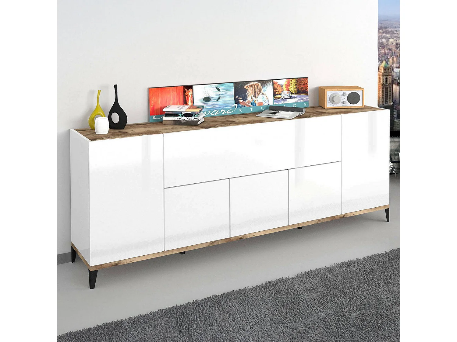 Buffet Vittorio, buffet de cuisine avec 6 portes, buffet de salon, 100% Made in Italy, 200x40h82 cm, blanc brillant et érable