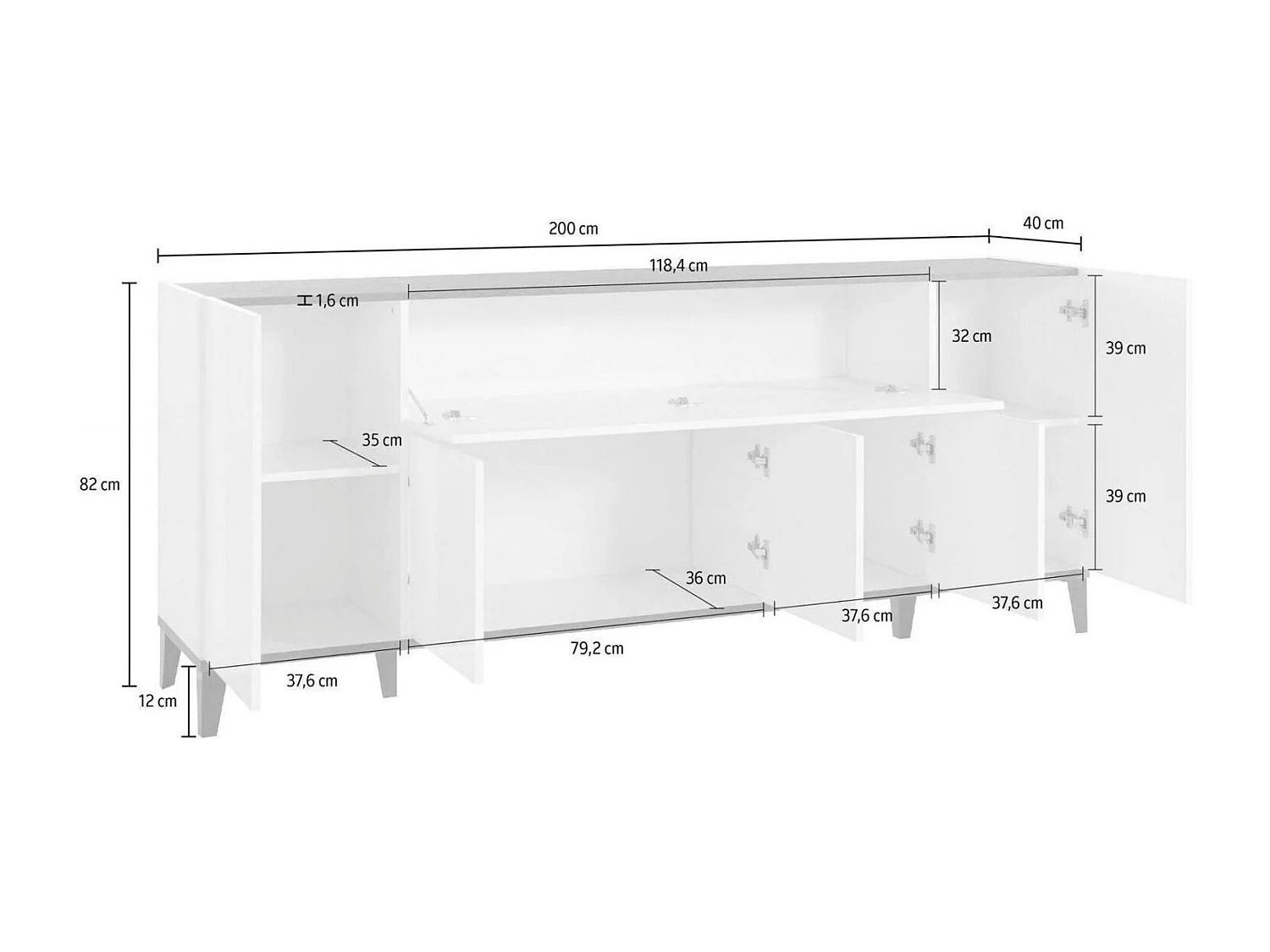 Buffet Vittorio, buffet de cuisine avec 6 portes, buffet de salon, 100% Made in Italy, 200x40h82 cm, blanc brillant et érable