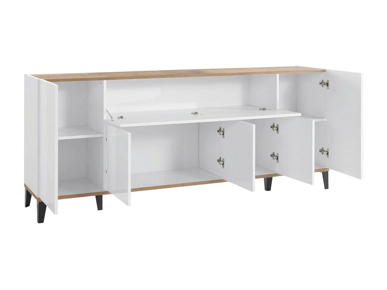 Buffet Vittorio, buffet de cuisine avec 6 portes, buffet de salon, 100% Made in Italy, 200x40h82 cm, blanc brillant et érable