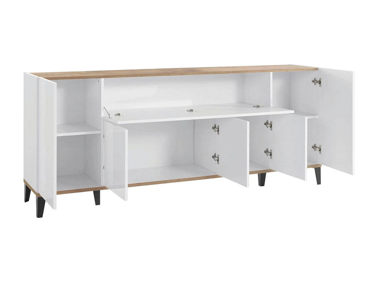 Buffet Vittorio, buffet de cuisine avec 6 portes, buffet de salon, 100% Made in Italy, 200x40h82 cm, blanc brillant et érable