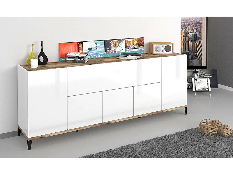 Vittorio Dressoir, Keukendressoir met 6 deuren, Woonkamerbuffet, 100% Made in Italy, 200x40h82 cm, Glanzend wit en esdoorn