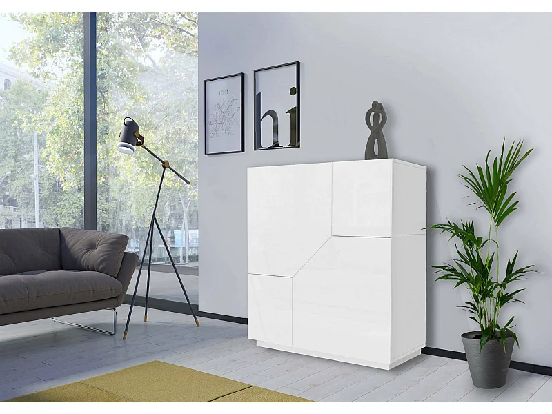 Credenza Nathan, Madia da cucina a 2 ante, Buffet da soggiorno, 100% Made in Italy, cm 100x43h106, Bianco lucido
