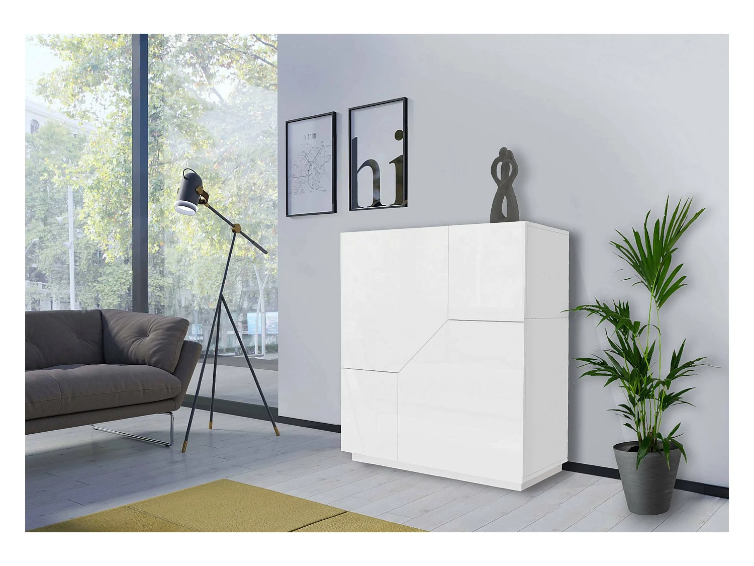 Buffet Nathan, Buffet de cuisine 2 portes, Buffet de salon, 100% Made in Italy, 100x43h106 cm, Blanc brillant
