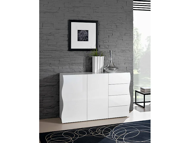 Aparador Romolo, Aparador de cocina con 2 puertas y 4 cajones, Buffet de salón, 100% Made in Italy, 124x40h81 cm, Blanco brillo