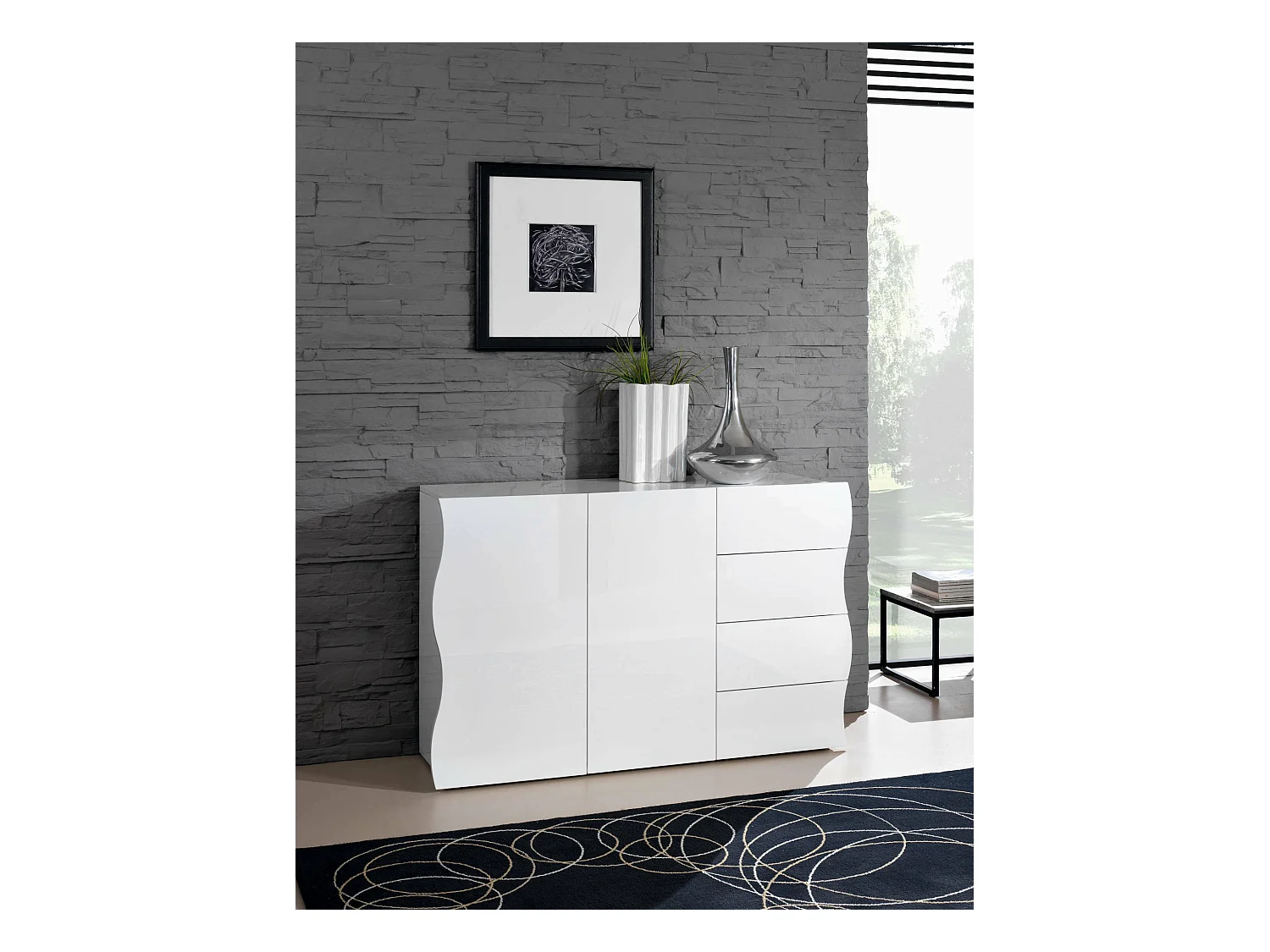 Buffet Romolo, Buffet de cuisine avec 2 portes et 4 tiroirs, Buffet de salon, 100% Made in Italy, 124x40h81 cm, Blanc brillant