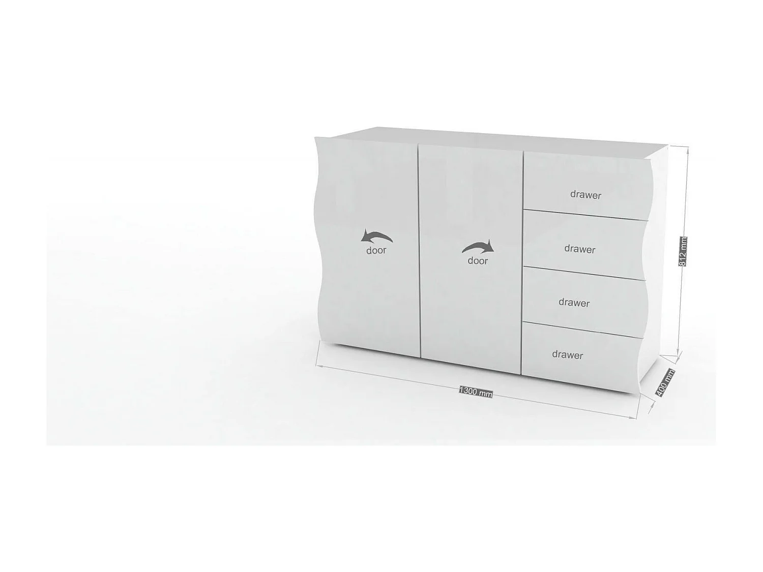 Aparador Romolo, Aparador de cozinha com 2 portas e 4 gavetas, Buffet de sala, 100% Fabricado na Itália, 124x40h81 cm, Branco brilhante