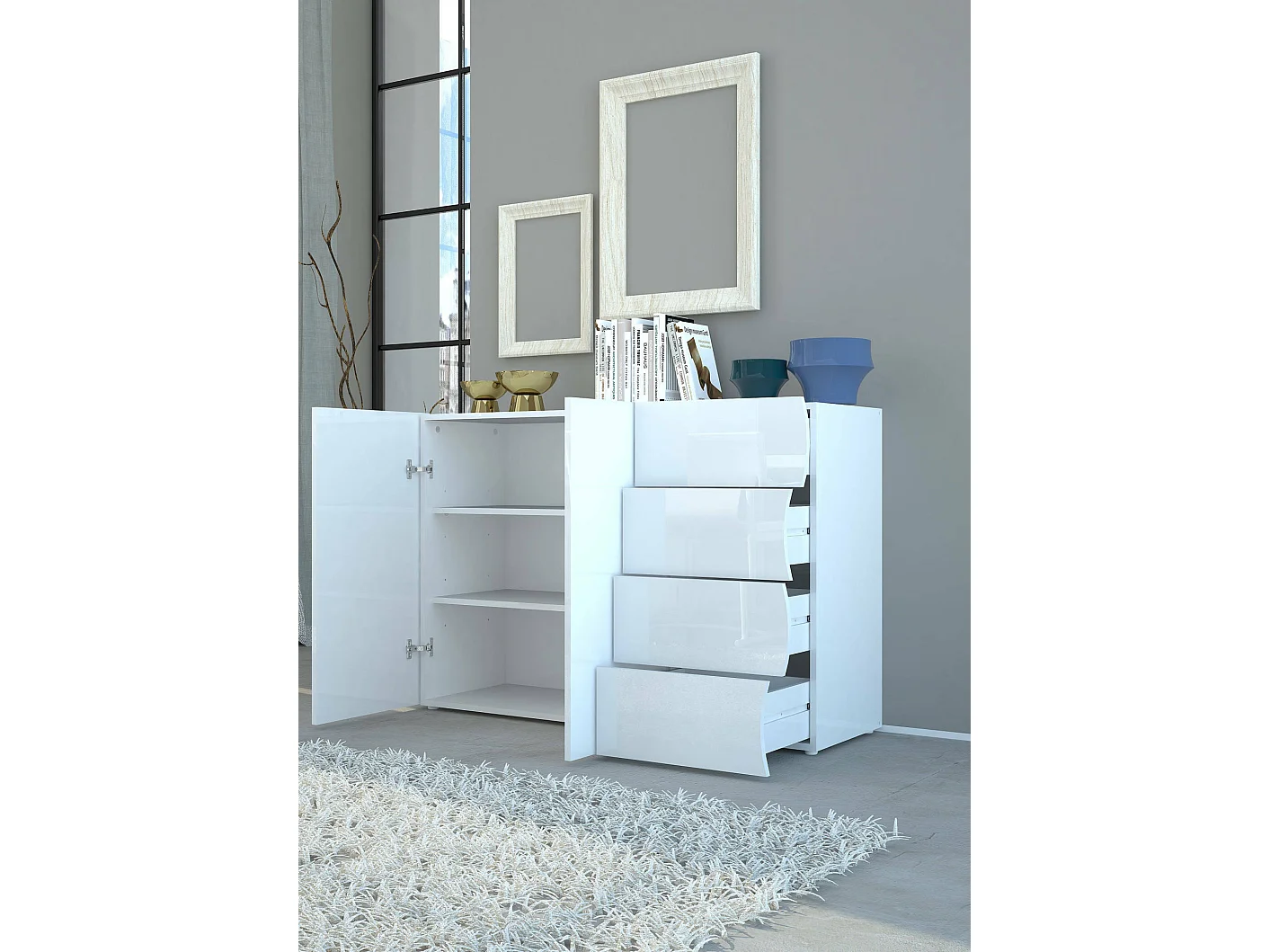 Aparador Romolo, Aparador de cozinha com 2 portas e 4 gavetas, Buffet de sala, 100% Fabricado na Itália, 124x40h81 cm, Branco brilhante