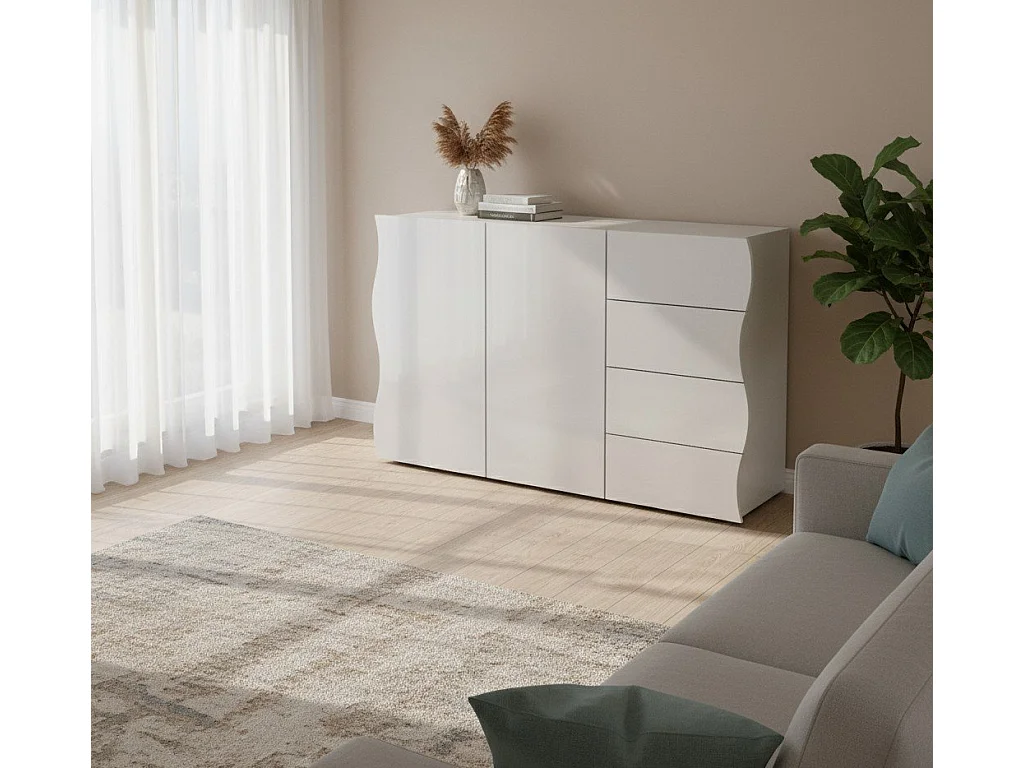 Aparador Romolo, Aparador de cozinha com 2 portas e 4 gavetas, Buffet de sala, 100% Fabricado na Itália, 124x40h81 cm, Branco brilhante