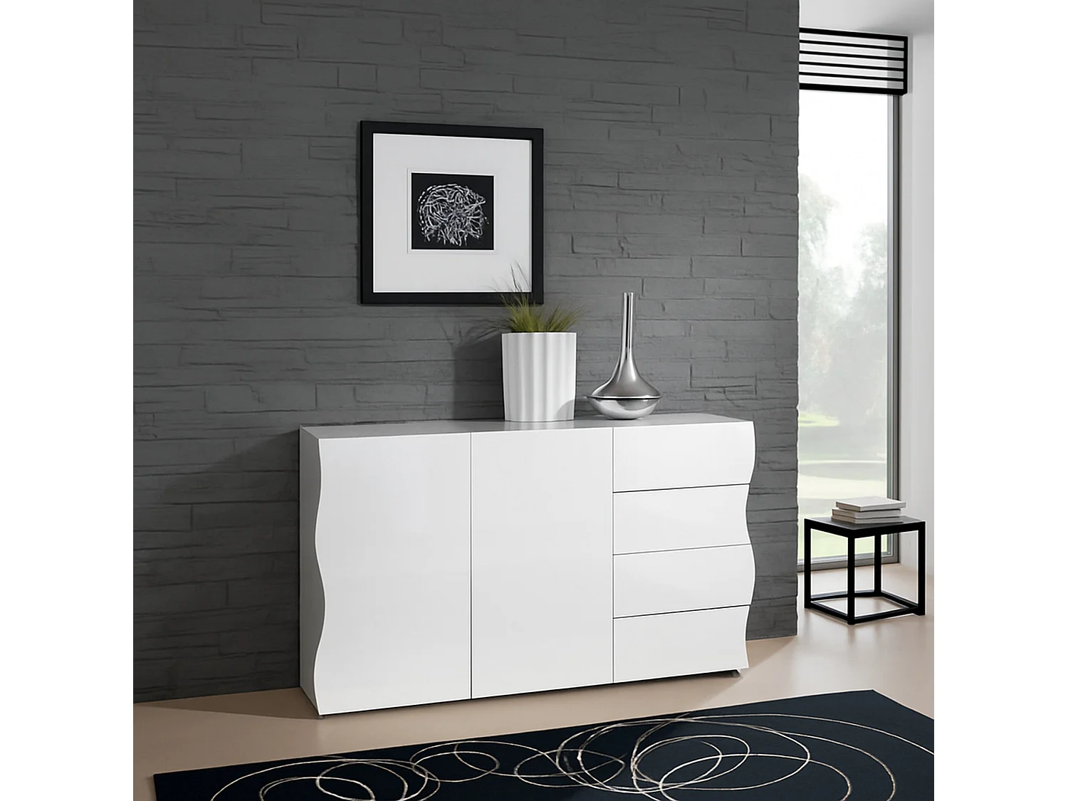 Buffet Romolo, Buffet de cuisine avec 2 portes et 4 tiroirs, Buffet de salon, 100% Made in Italy, 124x40h81 cm, Blanc brillant