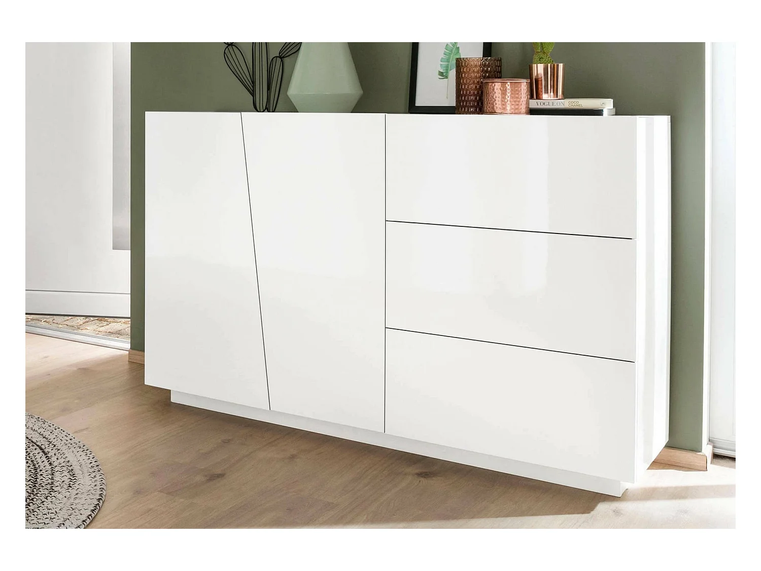 Italo dressoir, Keukendressoir met 2 deuren en 3 laden, Woonkamerbuffet, 100% Made in Italy, 141x43h86 cm, Glanzend wit
