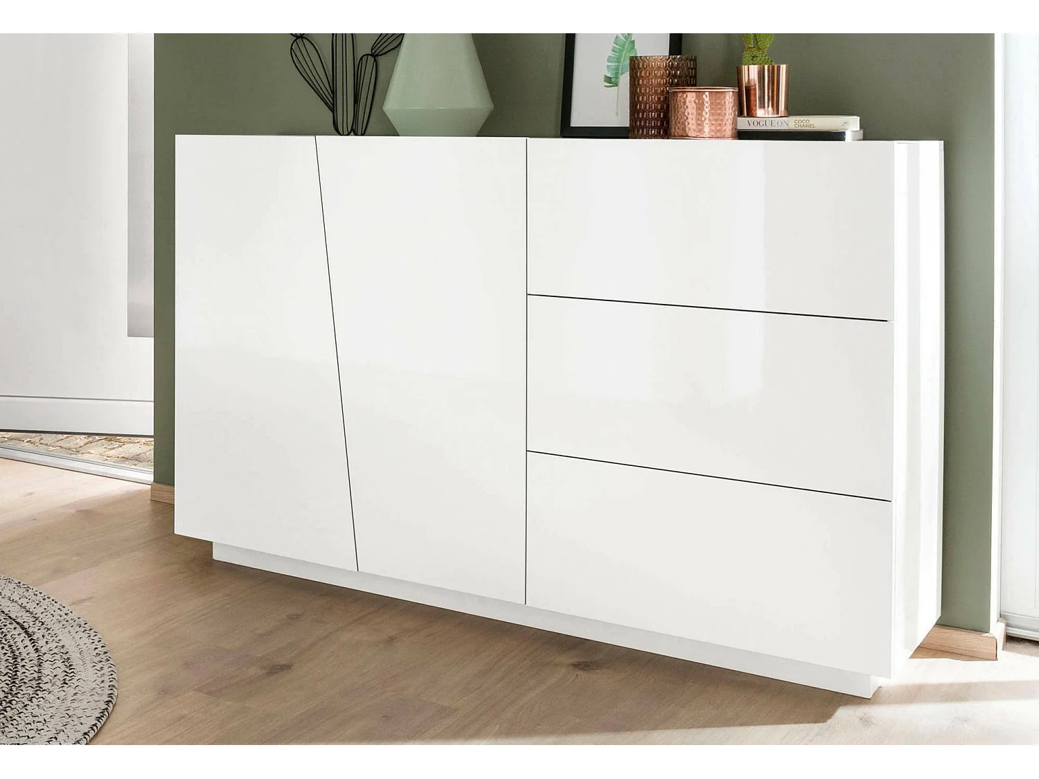 Aparador Italo, Aparador de cocina con 2 puertas y 3 cajones, Buffet de salón, 100% Made in Italy, 141x43h86 cm, Blanco brillo