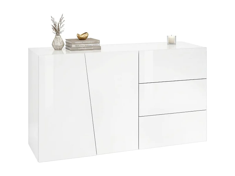 Buffet Italo, Buffet de cuisine avec 2 portes et 3 tiroirs, Buffet de salon, 100% Made in Italy, 141x43h86 cm, Blanc brillant