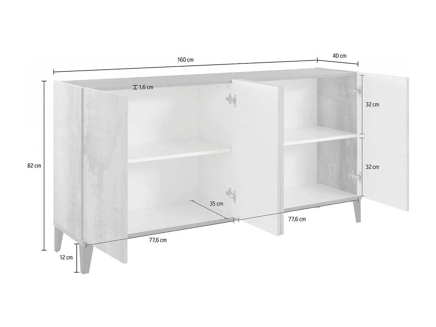 Buffet Liam, Buffet de cuisine 4 portes, Buffet de salon, 100% Made in Italy, 160x40h82 cm, Blanc brillant et ardoise