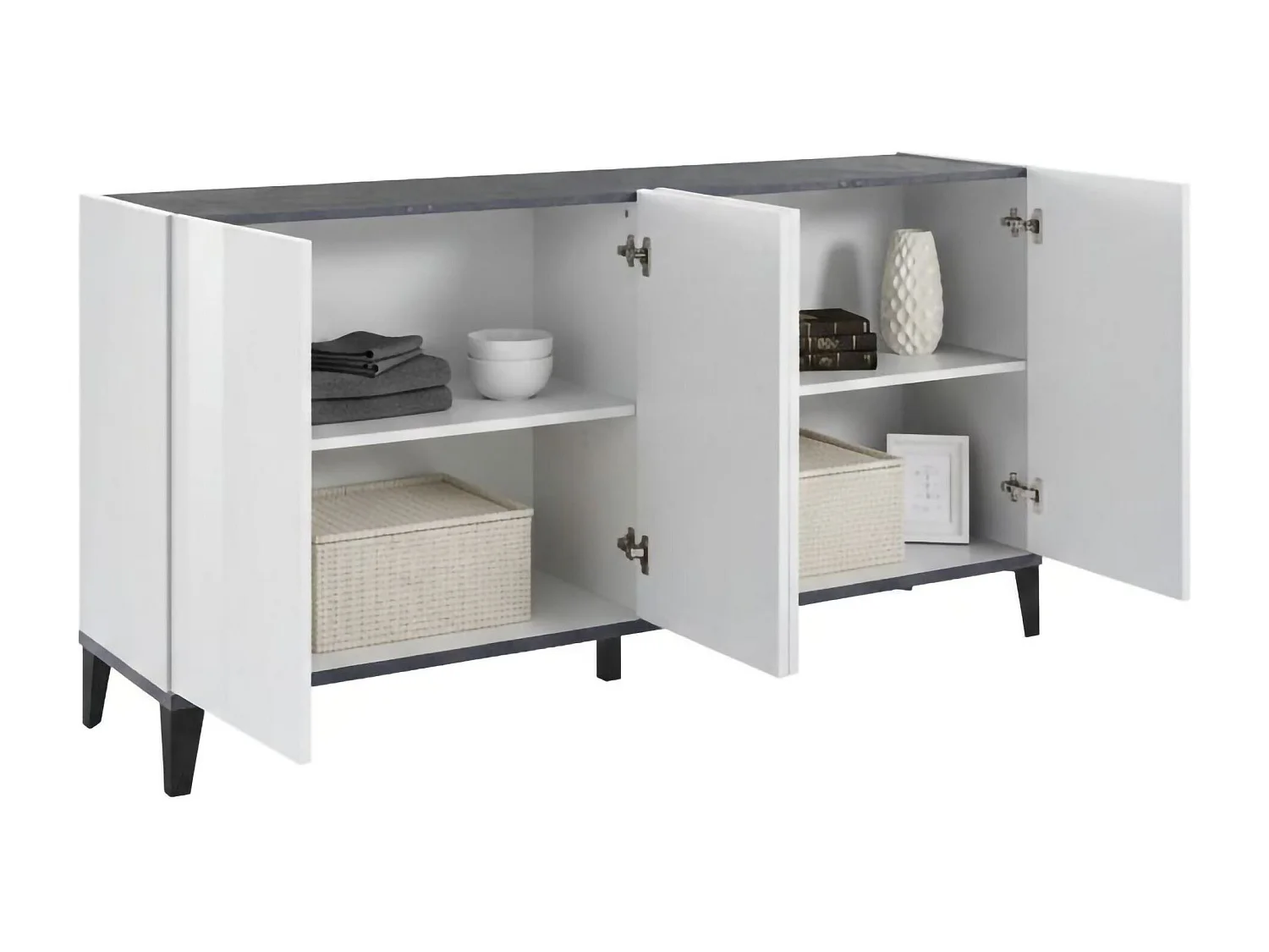 Buffet Liam, Buffet de cuisine 4 portes, Buffet de salon, 100% Made in Italy, 160x40h82 cm, Blanc brillant et ardoise