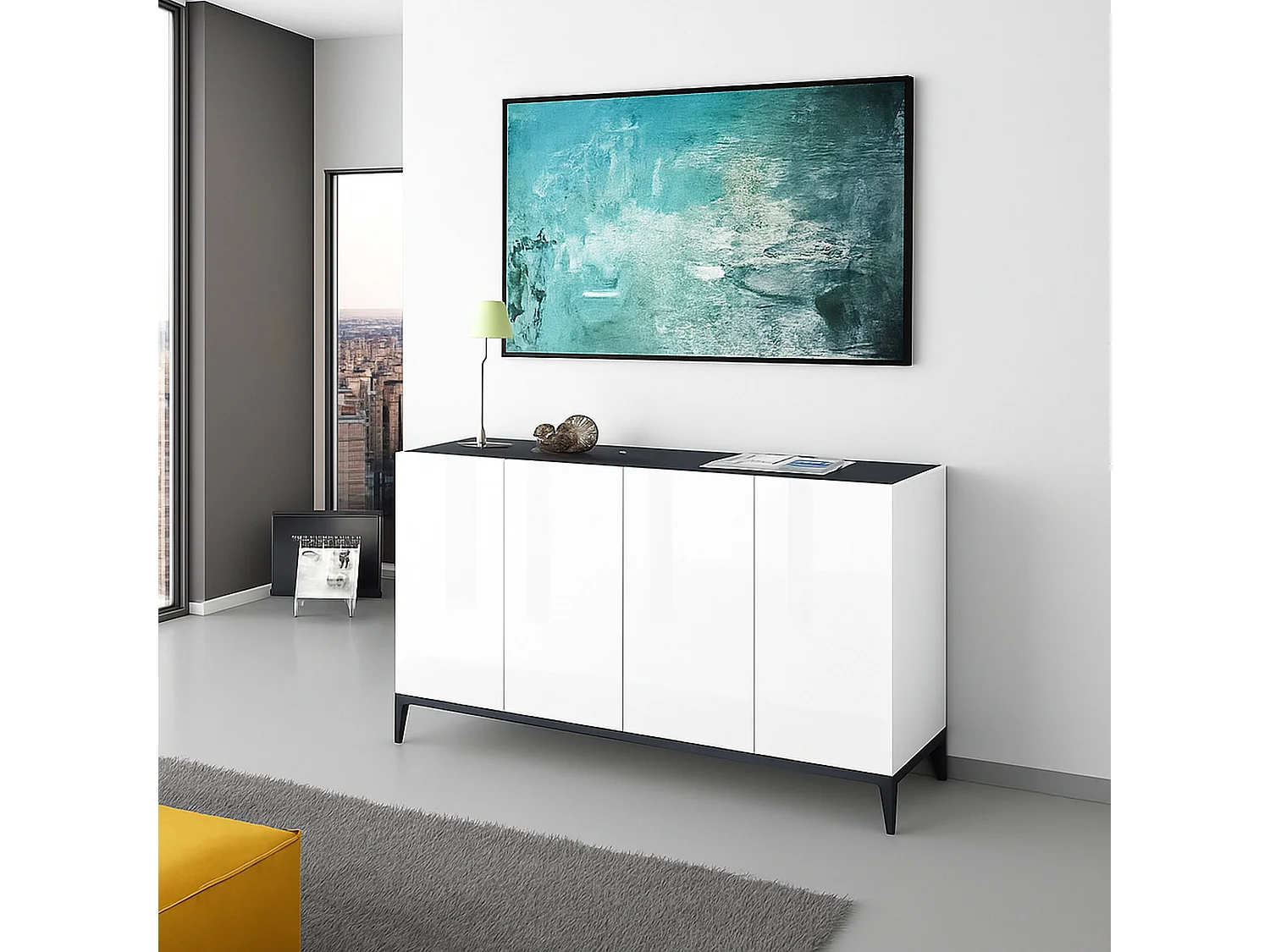 Buffet Liam, Buffet de cuisine 4 portes, Buffet de salon, 100% Made in Italy, 160x40h82 cm, Blanc brillant et ardoise
