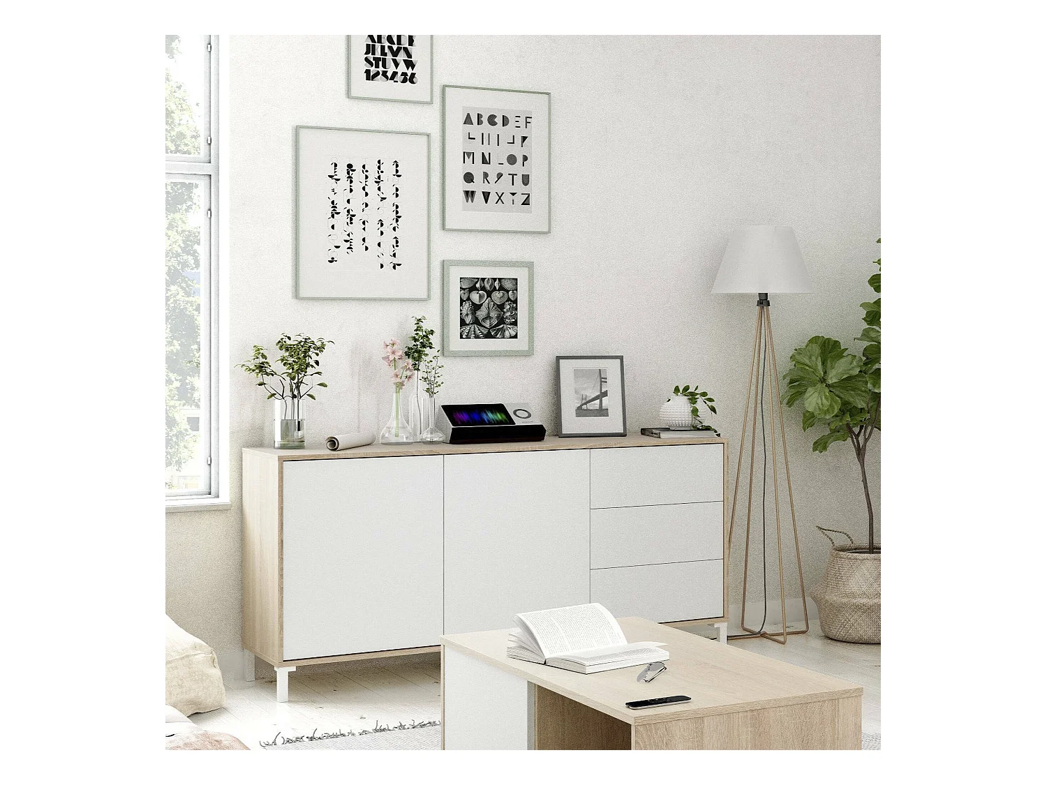 Buffet Concord, Buffet de salon, Meuble TV, Armoire de salon, Buffet moderne avec 2 portes et 3 tiroirs, 154x41h74 cm, Chêne et Blanc