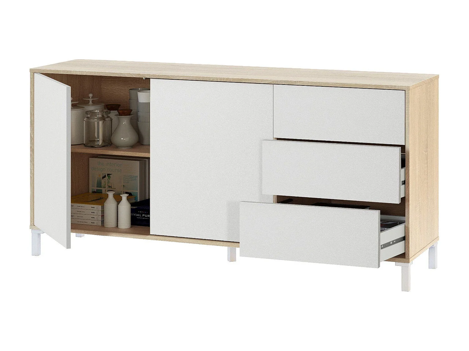 Aparador Concord, Buffet de sala, Móvel de TV, Armário de sala, Aparador moderno com 2 portas e 3 gavetas, 154x41h74 cm, Carvalho e Branco