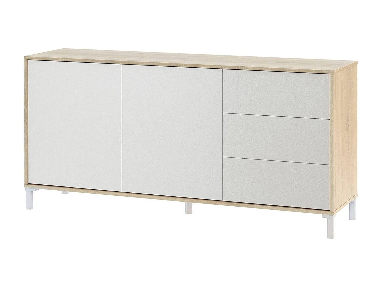 Aparador Concord, Buffet de sala, Móvel de TV, Armário de sala, Aparador moderno com 2 portas e 3 gavetas, 154x41h74 cm, Carvalho e Branco
