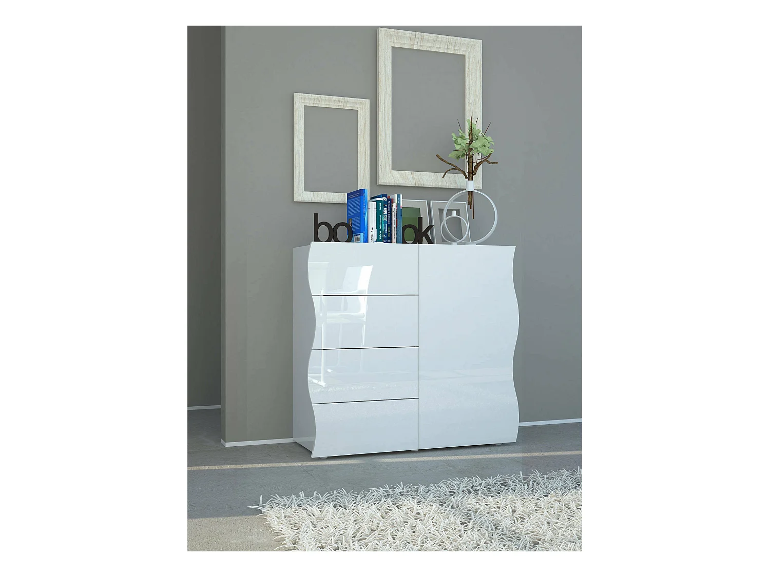 Buffet Giuseppe, Buffet de cuisine avec 4 portes et 1 tiroir, Buffet de salon, 100% Made in Italy, 90x40h81 cm, Blanc brillant