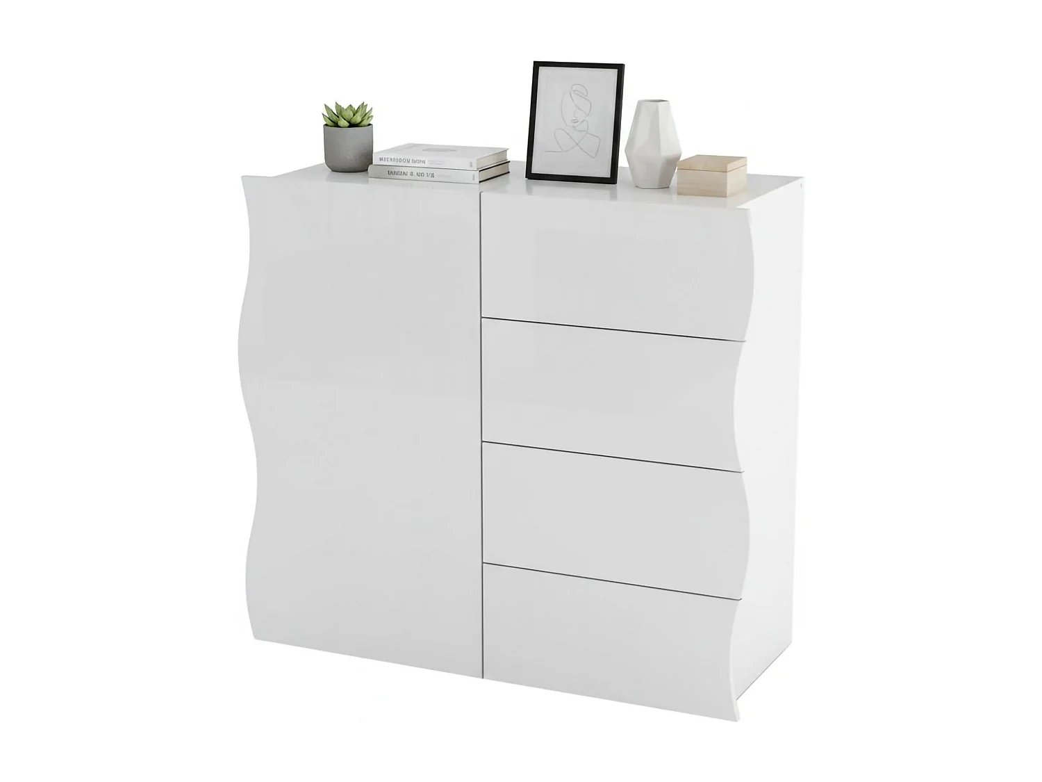 Dmora Dressoir Giuseppe 40x90x81h cm Wit Glanzend, 1 Plank, 4 Laden, Buffet 2 Vakken, Made in Italy