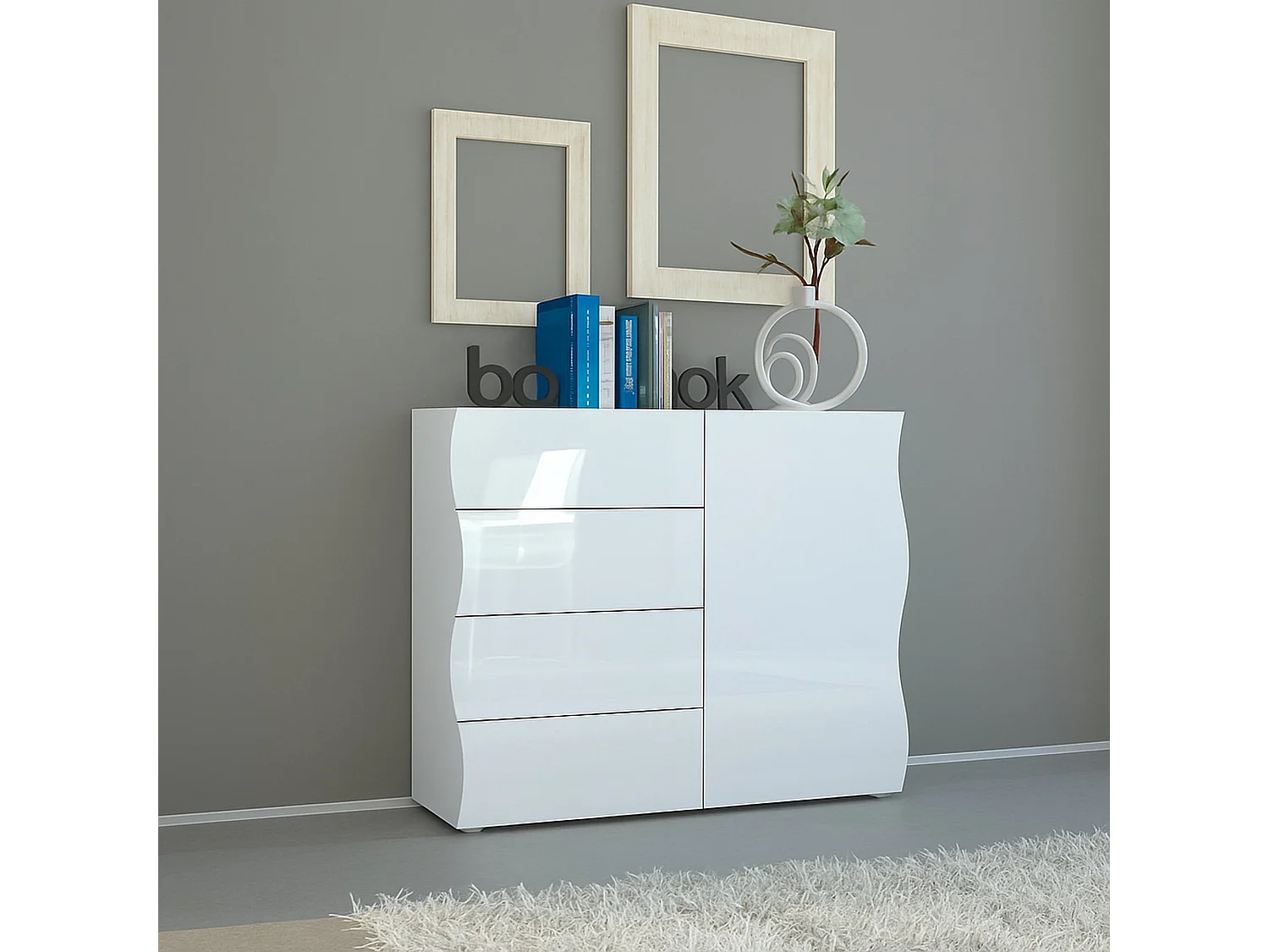 Dmora Dressoir Giuseppe 40x90x81h cm Wit Glanzend, 1 Plank, 4 Laden, Buffet 2 Vakken, Made in Italy