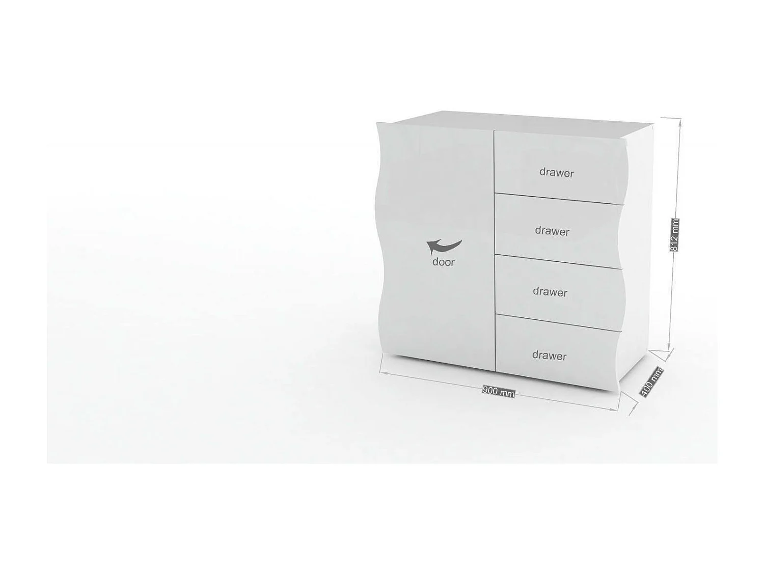 Dmora Dressoir Giuseppe 40x90x81h cm Wit Glanzend, 1 Plank, 4 Laden, Buffet 2 Vakken, Made in Italy
