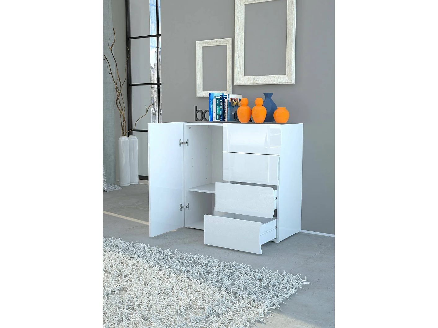Dmora Dressoir Giuseppe 40x90x81h cm Wit Glanzend, 1 Plank, 4 Laden, Buffet 2 Vakken, Made in Italy