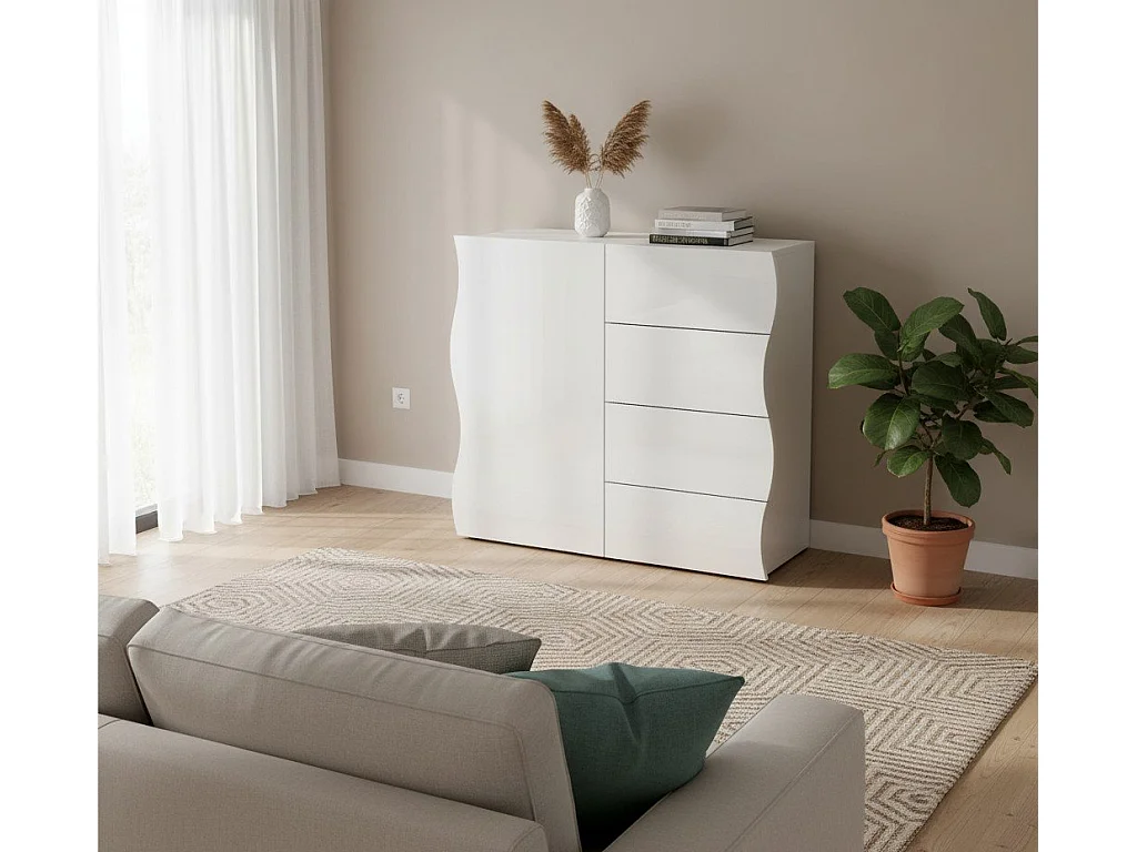 Dmora Dressoir Giuseppe 40x90x81h cm Wit Glanzend, 1 Plank, 4 Laden, Buffet 2 Vakken, Made in Italy
