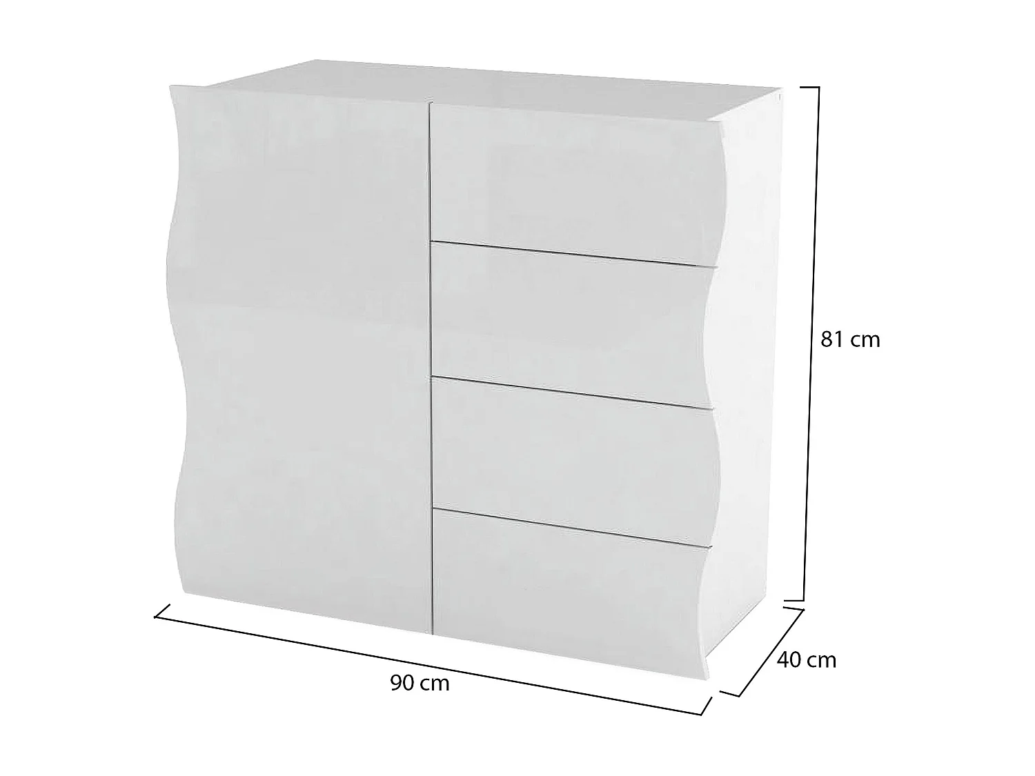 Dmora Dressoir Giuseppe 40x90x81h cm Wit Glanzend, 1 Plank, 4 Laden, Buffet 2 Vakken, Made in Italy