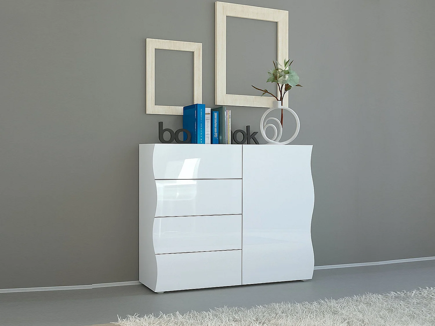 Dmora Dressoir Giuseppe 40x90x81h cm Wit Glanzend, 1 Plank, 4 Laden, Buffet 2 Vakken, Made in Italy