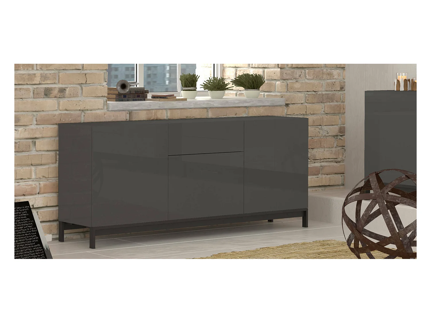 Tito dressoir, Keukendressoir met 3 deuren en 1 lade, Woonkamerbuffet, 100% Made in Italy, 170x40h47 cm, Glanzend Antraciet