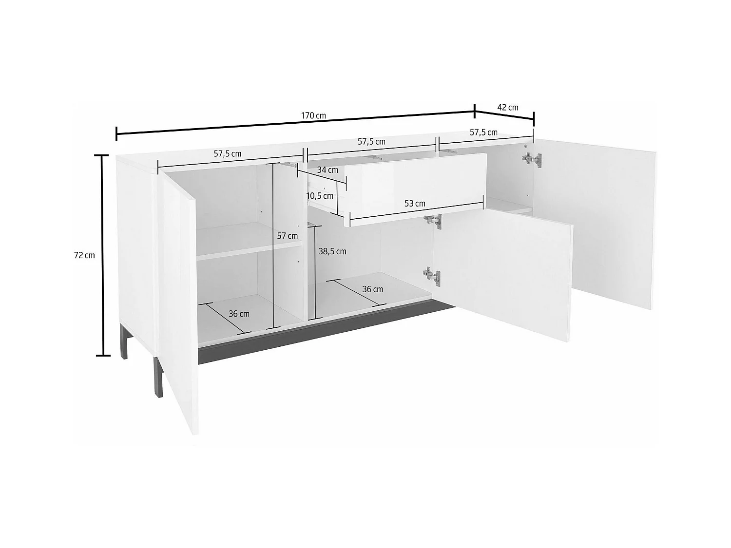 Buffet Tito, Buffet de cuisine avec 3 portes et 1 tiroir, Buffet de salon, 100% Made in Italy, 170x40h47 cm, Anthracite Brillant