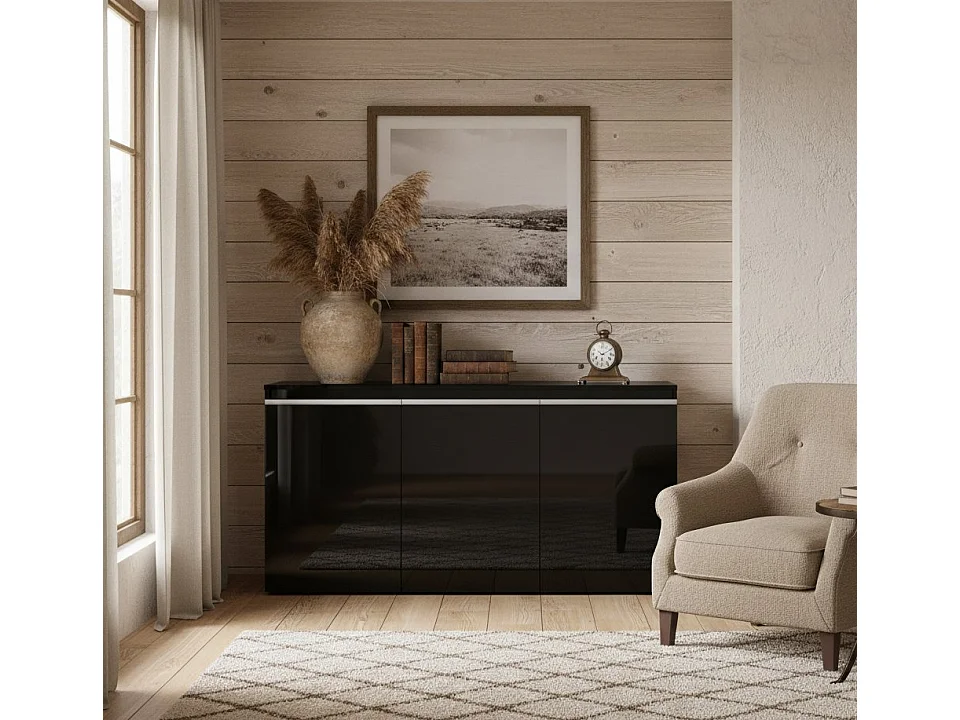 Buffet Pino, Buffet de cuisine 3 portes, Buffet de salon, 100% Made in Italy, 150x40h81 cm, Anthracite Brillant