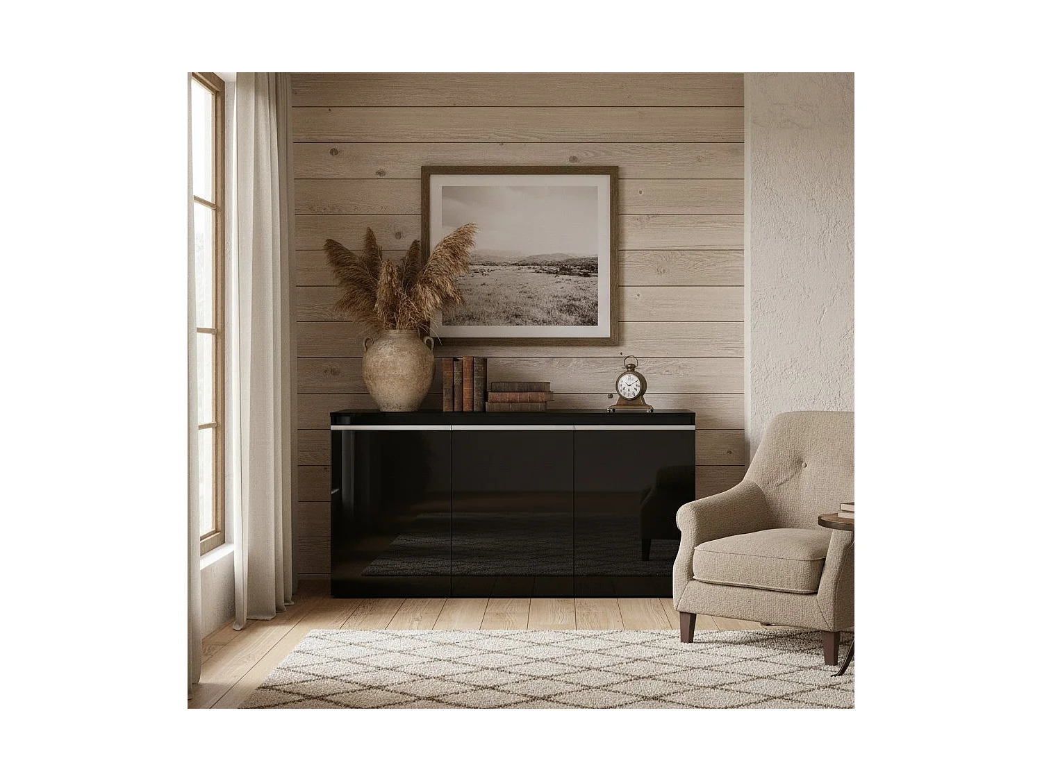 Buffet Pino, Buffet de cuisine 3 portes, Buffet de salon, 100% Made in Italy, 150x40h81 cm, Anthracite Brillant