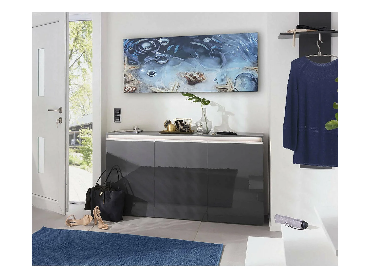 Buffet Pino, Buffet de cuisine 3 portes, Buffet de salon, 100% Made in Italy, 150x40h81 cm, Anthracite Brillant
