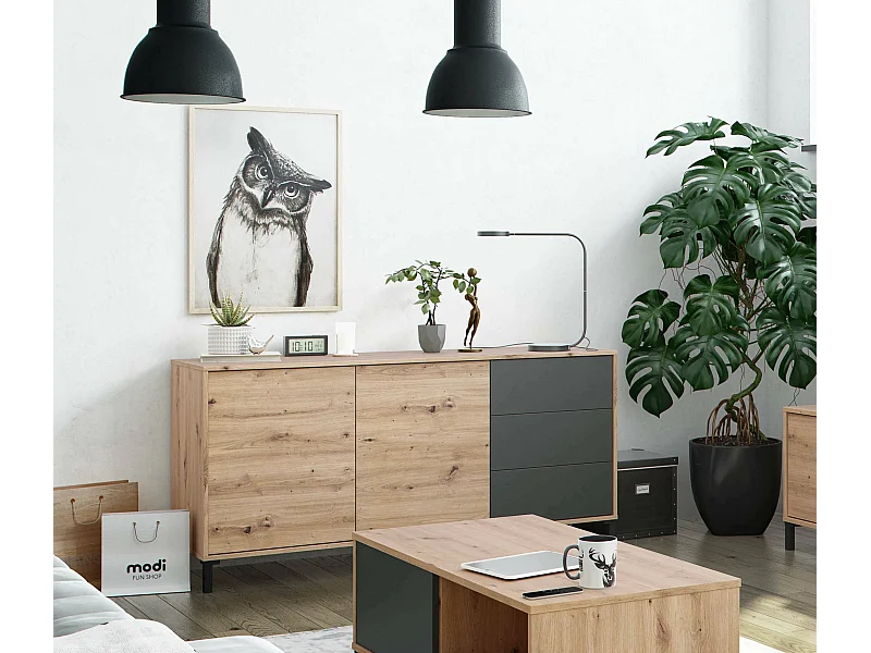 Buffet Concord, Buffet de salon, Meuble TV, Armoire de salon, Buffet moderne avec 2 portes et 3 tiroirs, 154x41h74 cm, Chêne noué et Anthracite