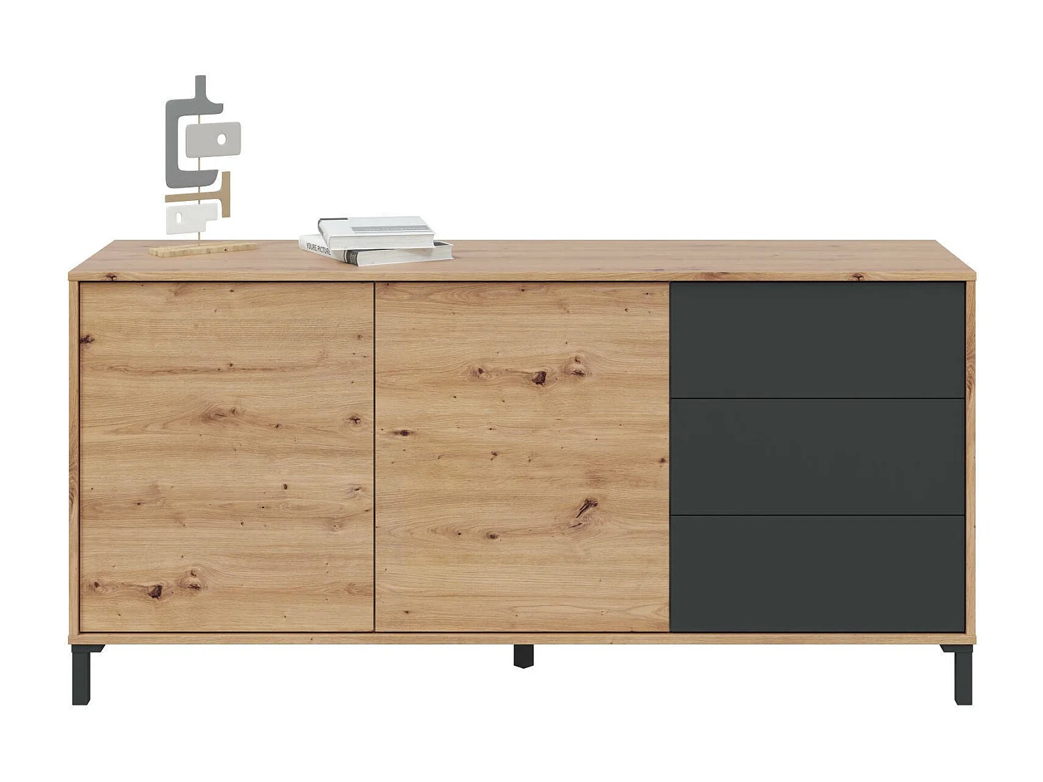 Concord dressoir, Woonkamerbuffet, TV-kast, Woonkamerkast, Modern dressoir met 2 deuren en 3 laden, 154x41h74 cm, Geknoopt eiken en Antraciet