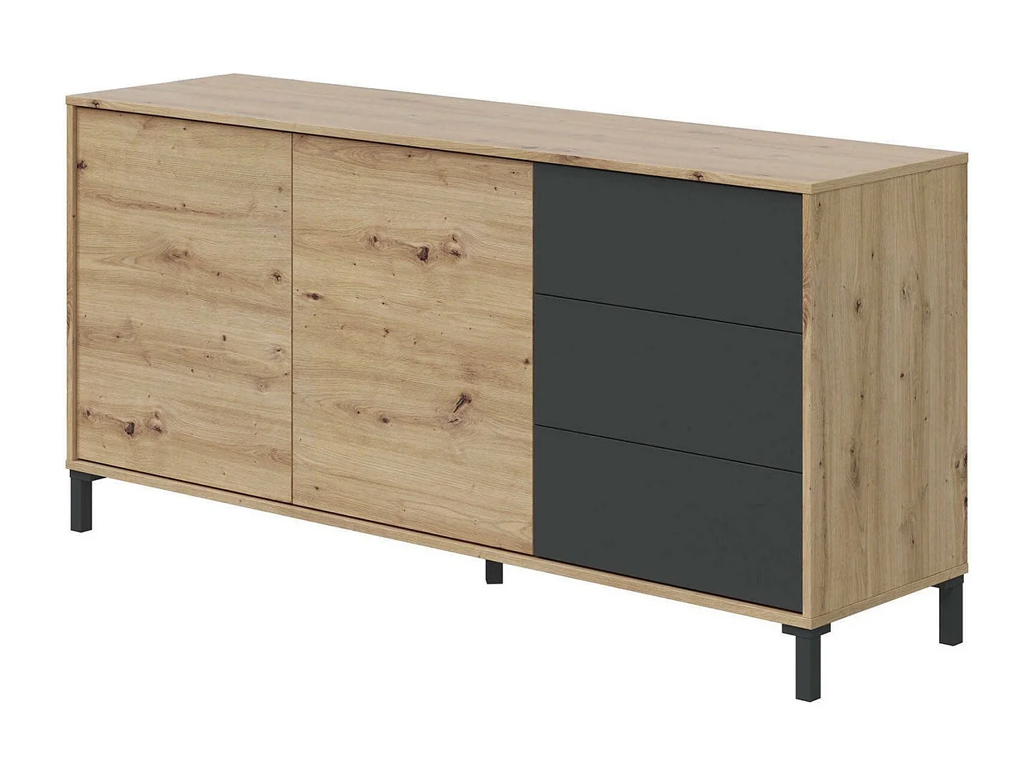 Concord dressoir, Woonkamerbuffet, TV-kast, Woonkamerkast, Modern dressoir met 2 deuren en 3 laden, 154x41h74 cm, Geknoopt eiken en Antraciet