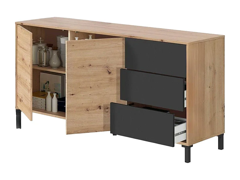 Dressoir Concord 41x154x75h cm Bruine Eiken Noten 2 Planken 3 Laden, Kast 2 Deuren