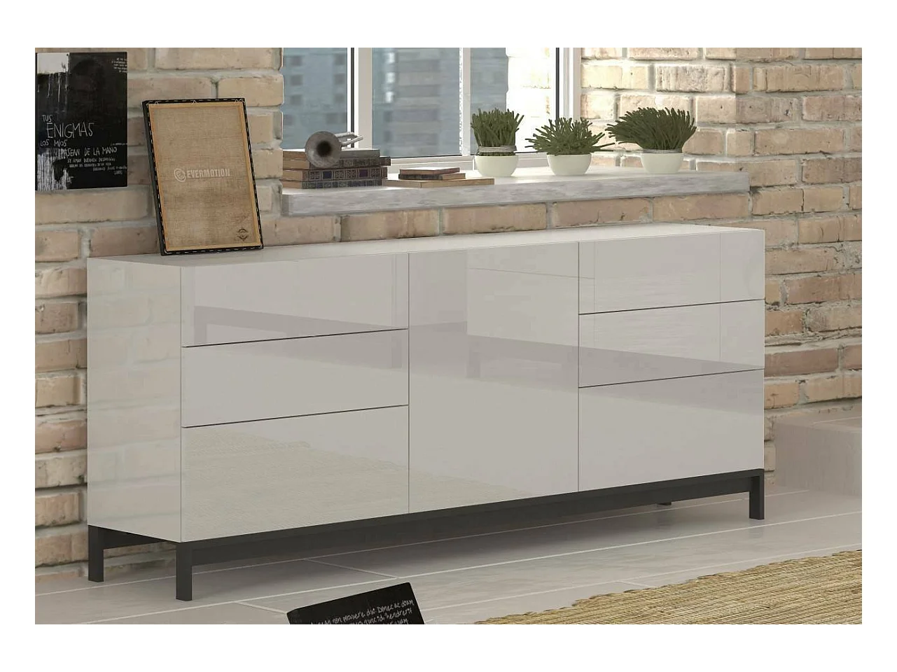 Kommode Edi, Küchen-Sideboard mit 1 Tür und 6 Schubladen, Wohnzimmer-Buffet, Küchen-Sideboard, 100 % Made in Italy, 170 x 40 x 47 cm, glänzendes Weiß