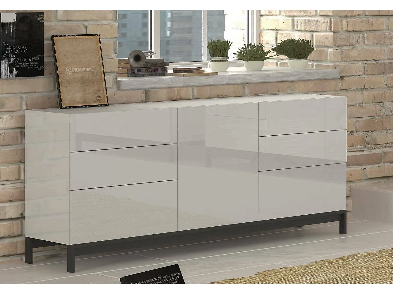 Edi dressoir, Keukendressoir met 1 deur en 6 laden, Woonkamerbuffet, Keukendressoir, 100% Made in Italy, 170x40h47 cm, Glanzend wit